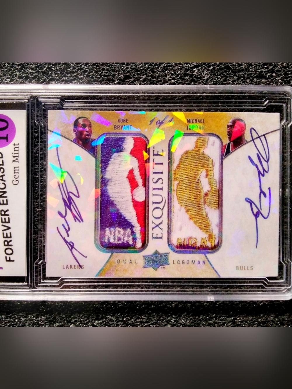 Kobe Bryant & Michael Jordan Logoman Cracked Ice Dual Autograph Basketball Card.